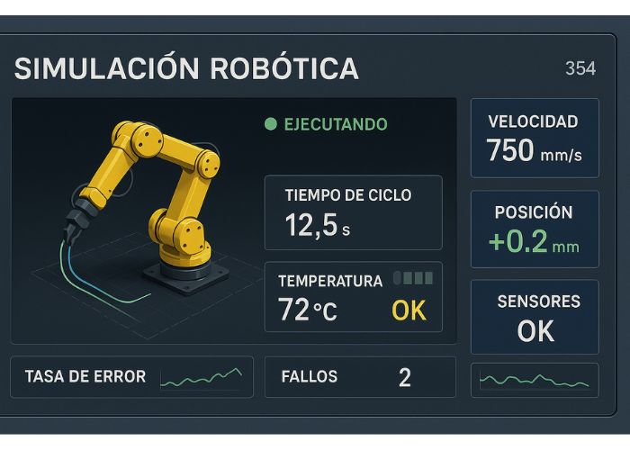 Pantalla HMI mostrando la simulación y KPIs del robot de 6 ejes