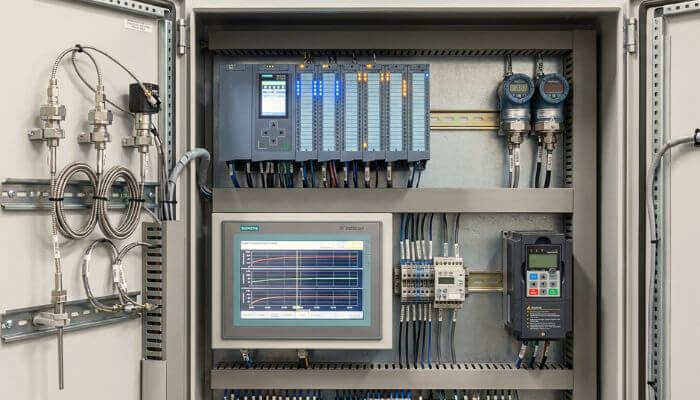 Componentes de automatización para retrofit: PLC, HMI, sensores de temperatura y variadores de frecuencia para hornos y calderas