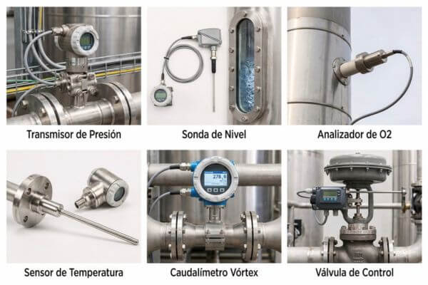 Instrumentación industrial para calderas: transmisor de presión Rosemount, sonda de nivel capacitiva, analizador de oxígeno zirconia, sensor RTD PT100, caudalímetro vórtex y válvula de control modulante con posicionador