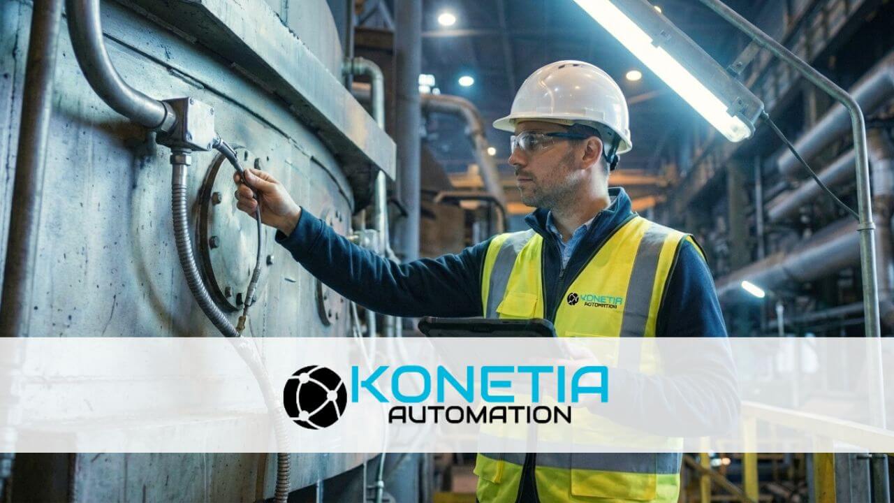 Ingeniero supervisando retrofit de automatización en horno y caldera industrial con tecnología moderna y sistemas de control digital