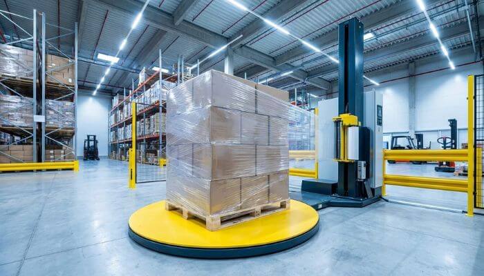 Enfardadora automática de palets envolviendo carga con film estirable en almacén industrial