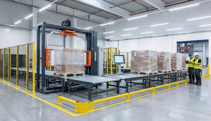 Línea de final de producción automatizada con enfardadora de palets integrada en sistema de transporte